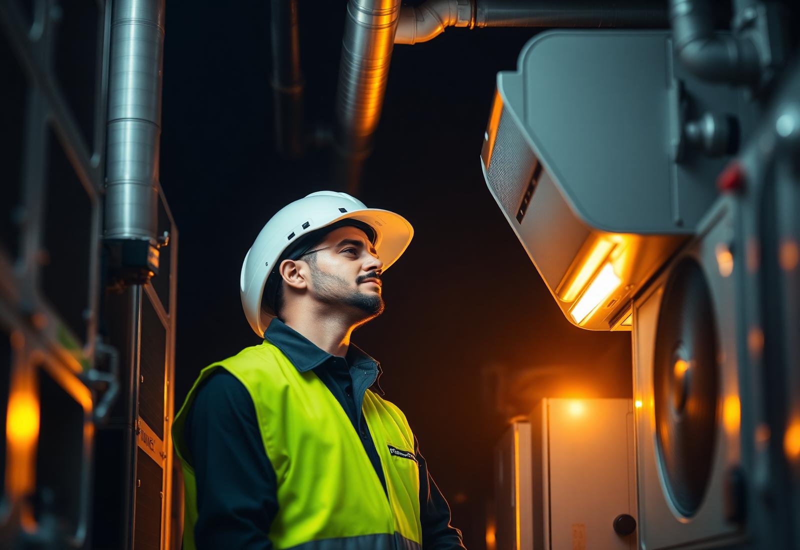 Maintenance technician inspecting HVAC equipment in Oman
